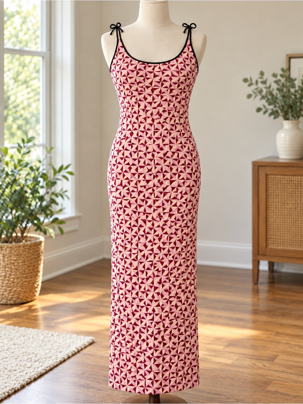 Zara Pink Burgundy Geometric Print Maxi Dress Size S